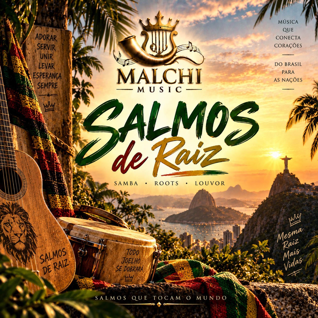 Salmos de Raiz album artwork: tropical sunset over Rio de Janeiro with guitar, drums, and Malchi Music branding